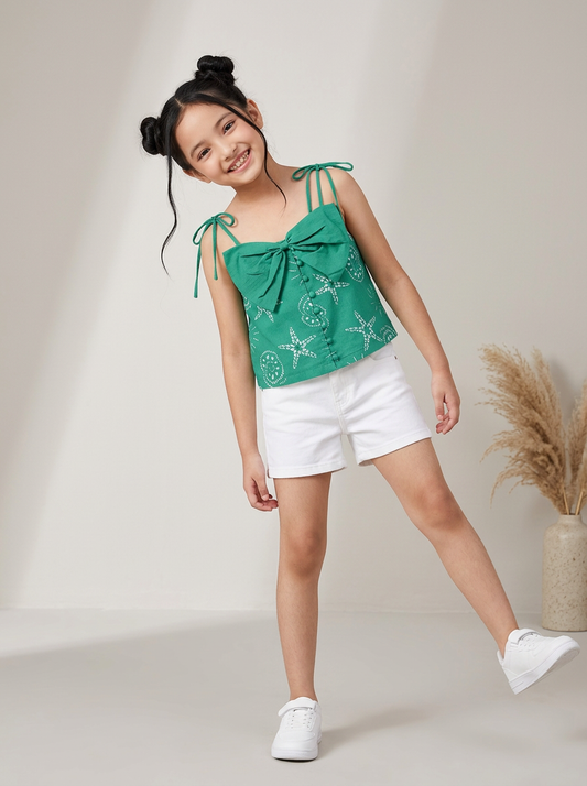 Girls Green Cotton Printed Sleeveless Top