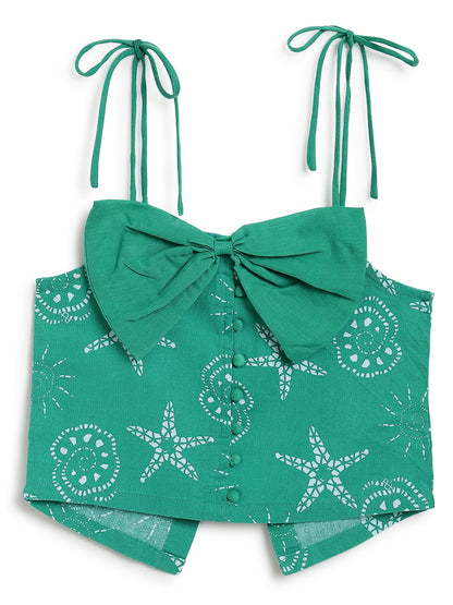 Girls Green Cotton Printed Sleeveless Top