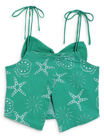 Girls Green Cotton Printed Sleeveless Top