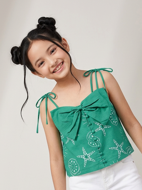 Girls Green Cotton Printed Sleeveless Top