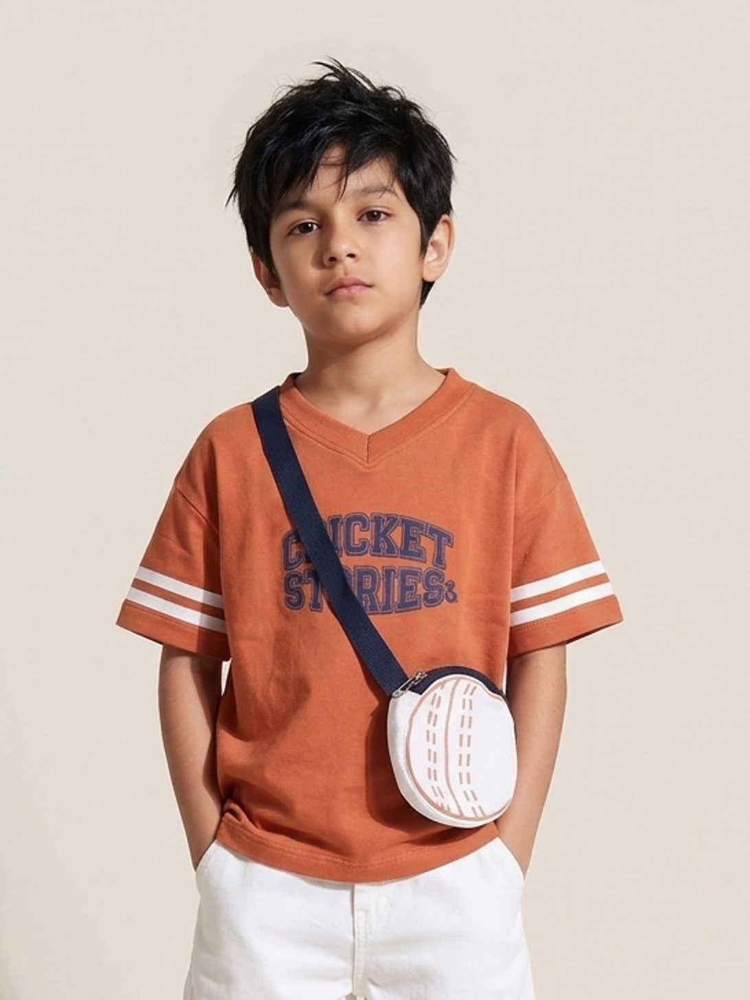 Boys Rust Cotton V-Neck Half Sleeve T-Shirt