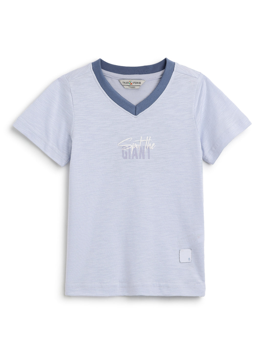 Boys Cotton Sky Blue V Neck T-Shirt With Black Denim Solid Regular Fit Short