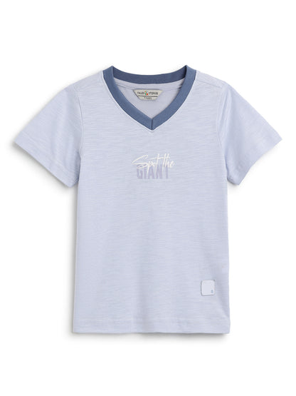 Boys Cotton Sky Blue V Neck T-Shirt With Black Denim Solid Regular Fit Short