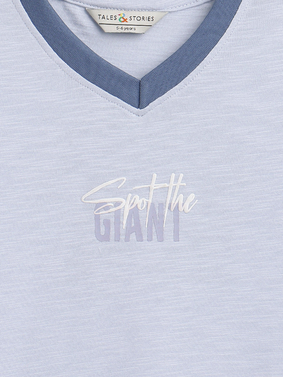 Boys Cotton Sky Blue V Neck T-Shirt With Black Denim Solid Regular Fit Short