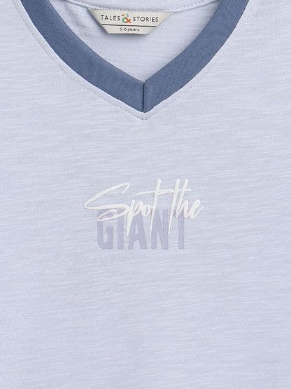 Boys Cotton Sky Blue V Neck T-Shirt With Black Denim Solid Regular Fit Short
