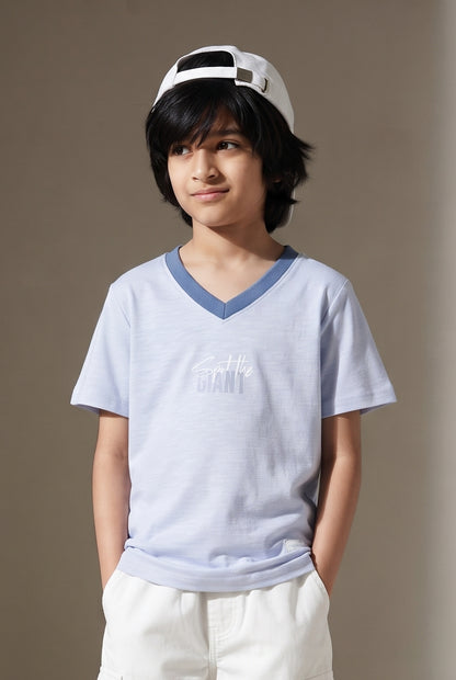 Boys Cotton Sky Blue Printed V Neck T-Shirt