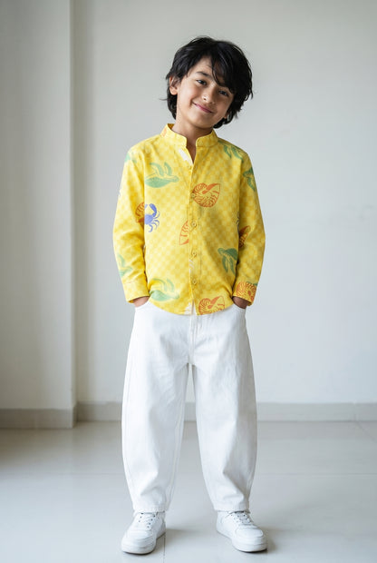 Boys Yellow Printed Cotton Shirt