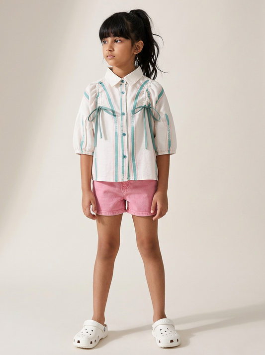 Girls Cotton Cream Half Sleeve Striped Top