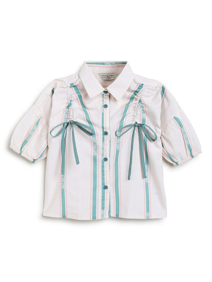 Girls Cotton Cream Half Sleeve Striped Top