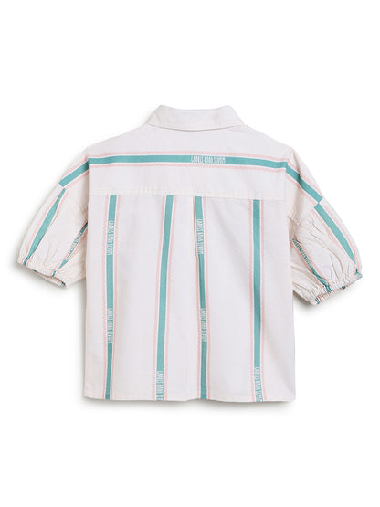 Girls Cotton Cream Half Sleeve Striped Top