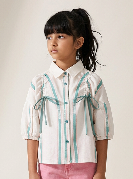 Girls Cotton Cream Half Sleeve Striped Top