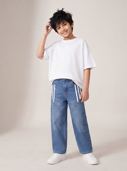 Boys Light Blue Striped Baggy Fit Denim Jeans