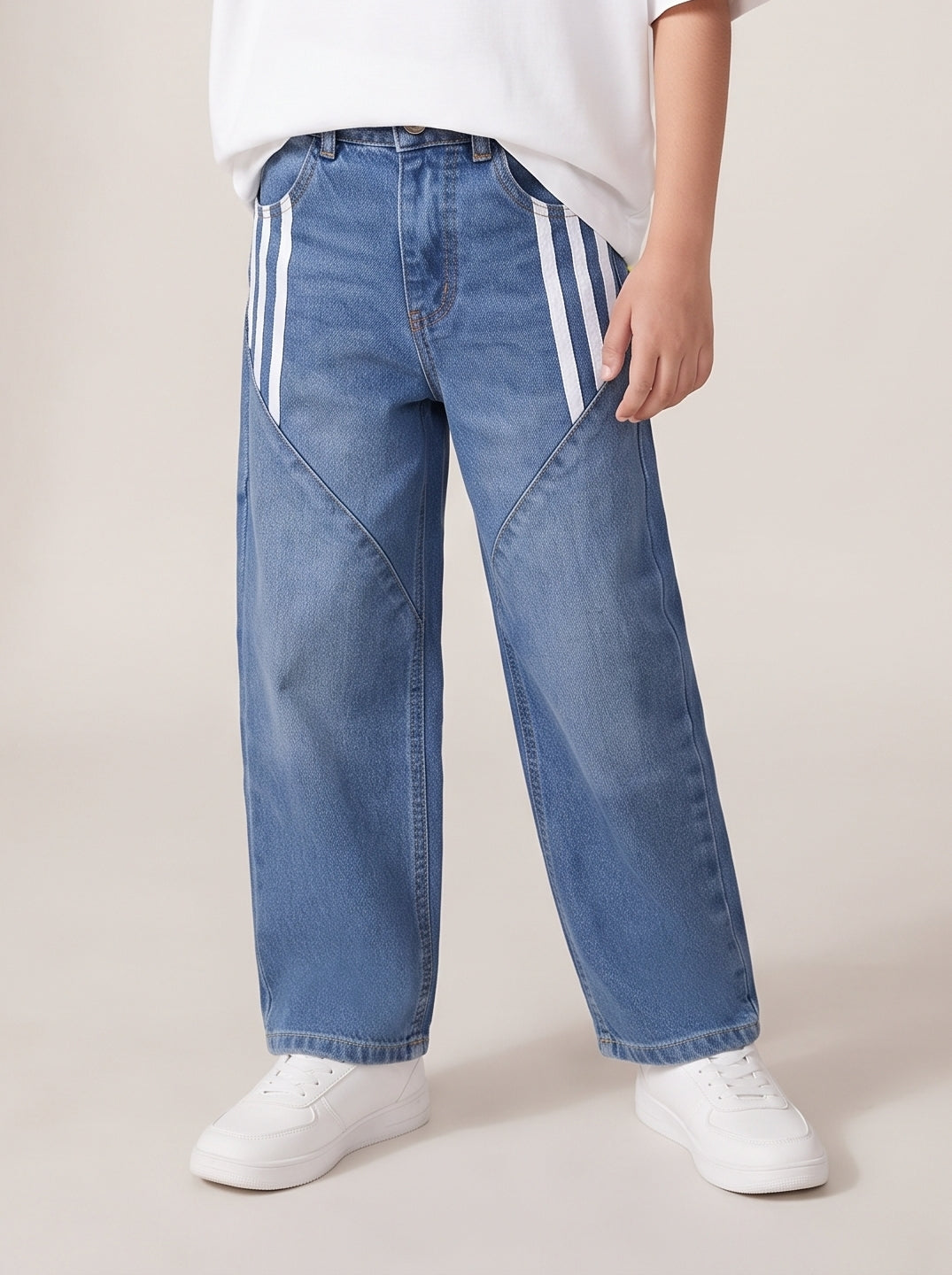 Boys Light Blue Striped Baggy Fit Denim Jeans