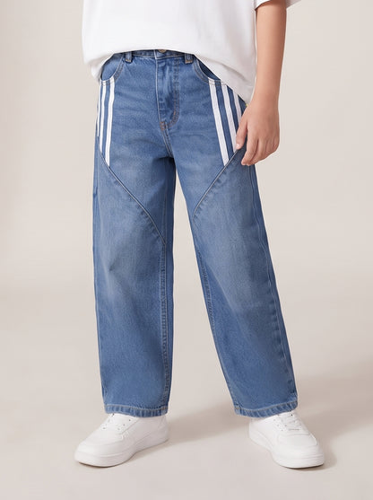 Boys Light Blue Striped Baggy Fit Denim Jeans