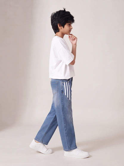 Boys Light Blue Striped Baggy Fit Denim Jeans