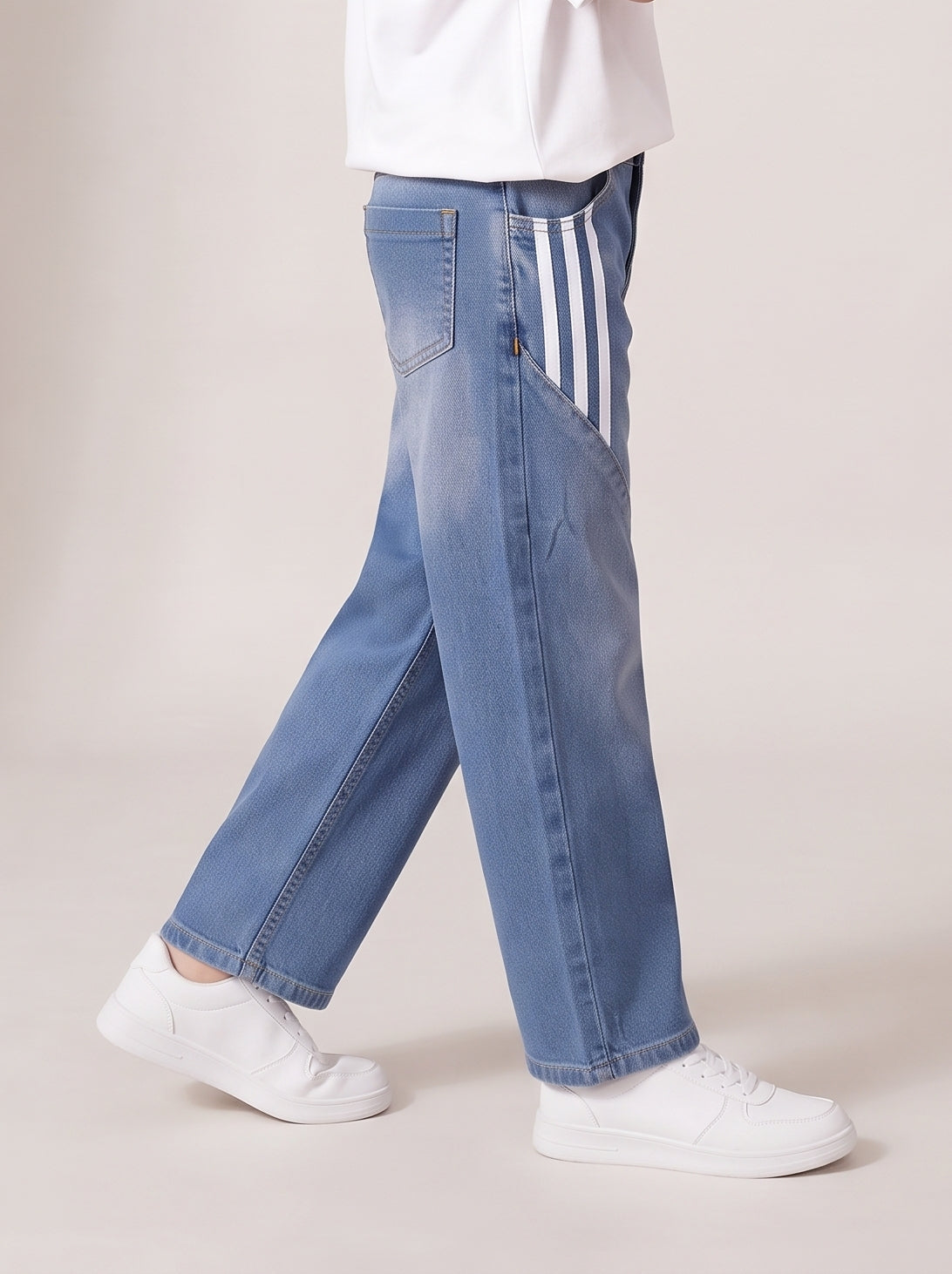 Boys Light Blue Striped Baggy Fit Denim Jeans