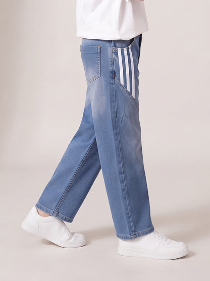 Boys Light Blue Striped Baggy Fit Denim Jeans