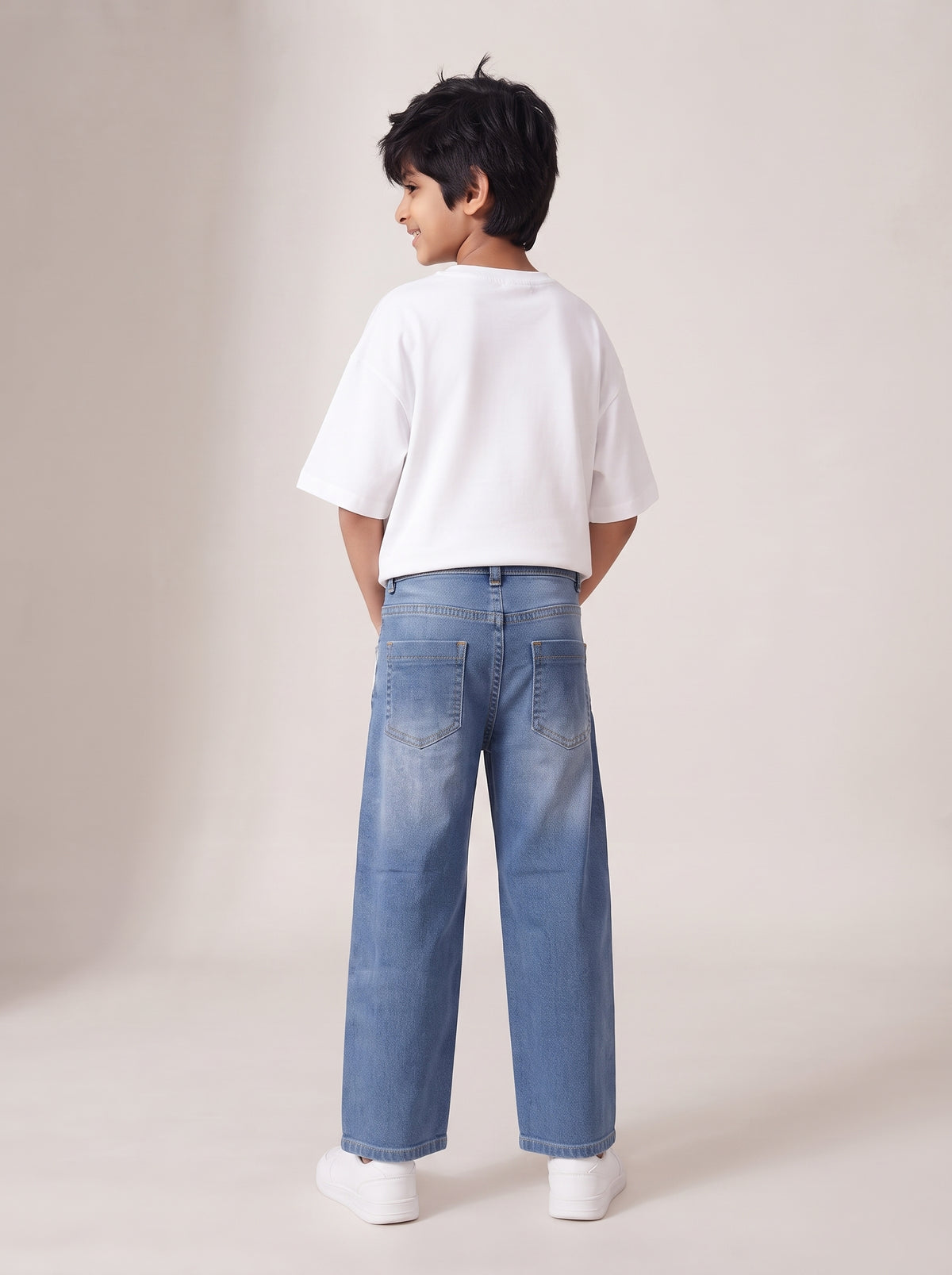 Boys Light Blue Striped Baggy Fit Denim Jeans