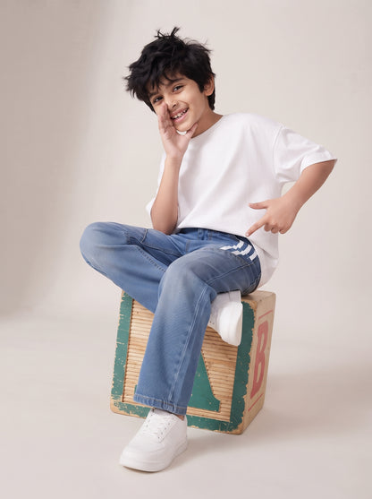 Boys Light Blue Striped Baggy Fit Denim Jeans