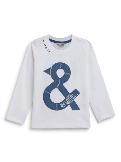 Boys White Cotton Printed Full Sleeve T-Shirt