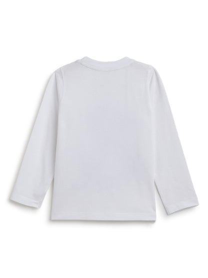 Boys White Cotton Printed Full Sleeve T-Shirt
