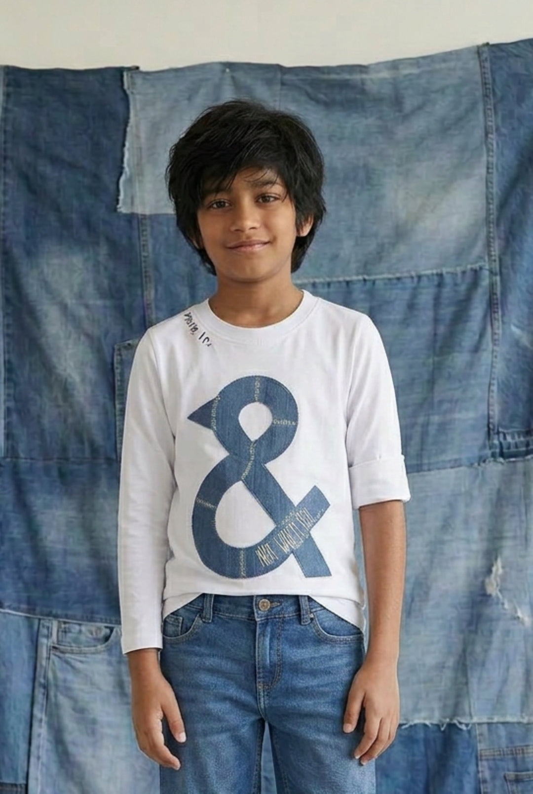 Boys White Cotton Printed Full Sleeve T-Shirt
