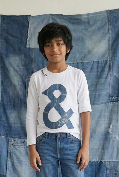 Boys White Cotton Printed Full Sleeve T-Shirt