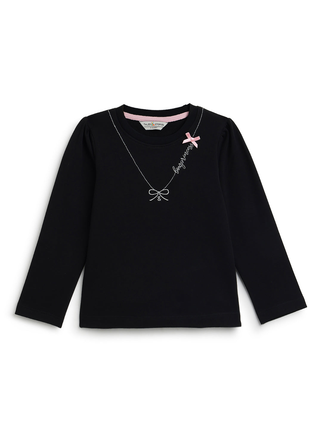 Girls Black Cotton Embroidered Full Sleeve T-Shirt