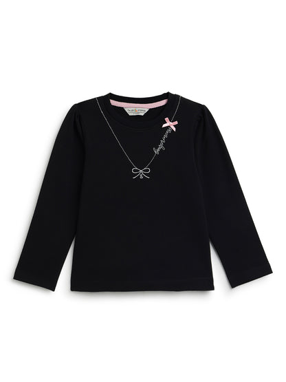 Girls Black Cotton Embroidered Full Sleeve T-Shirt
