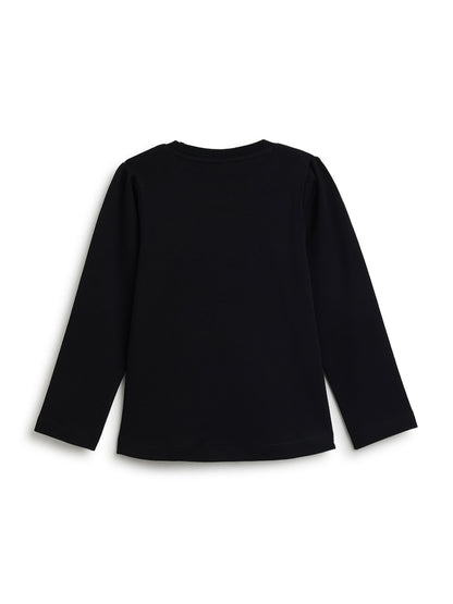 Girls Black Cotton Embroidered Full Sleeve T-Shirt