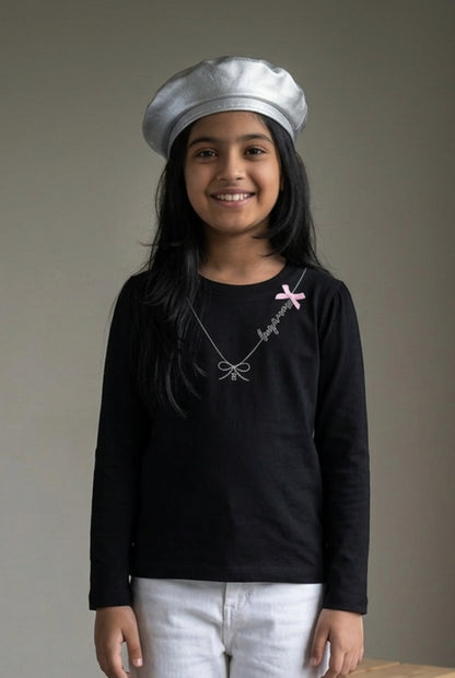 Girls Black Cotton Embroidered Full Sleeve T-Shirt
