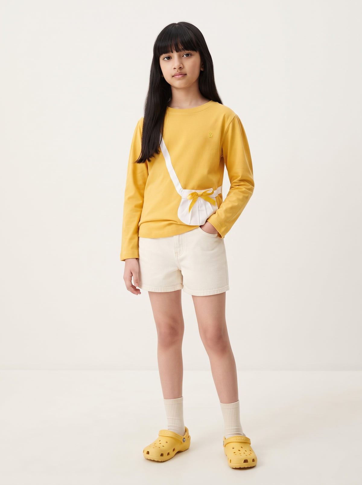 Girls Yellow Solid Cotton Full Sleeve T-Shirt