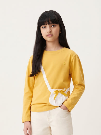 Girls Yellow Solid Cotton Full Sleeve T-Shirt