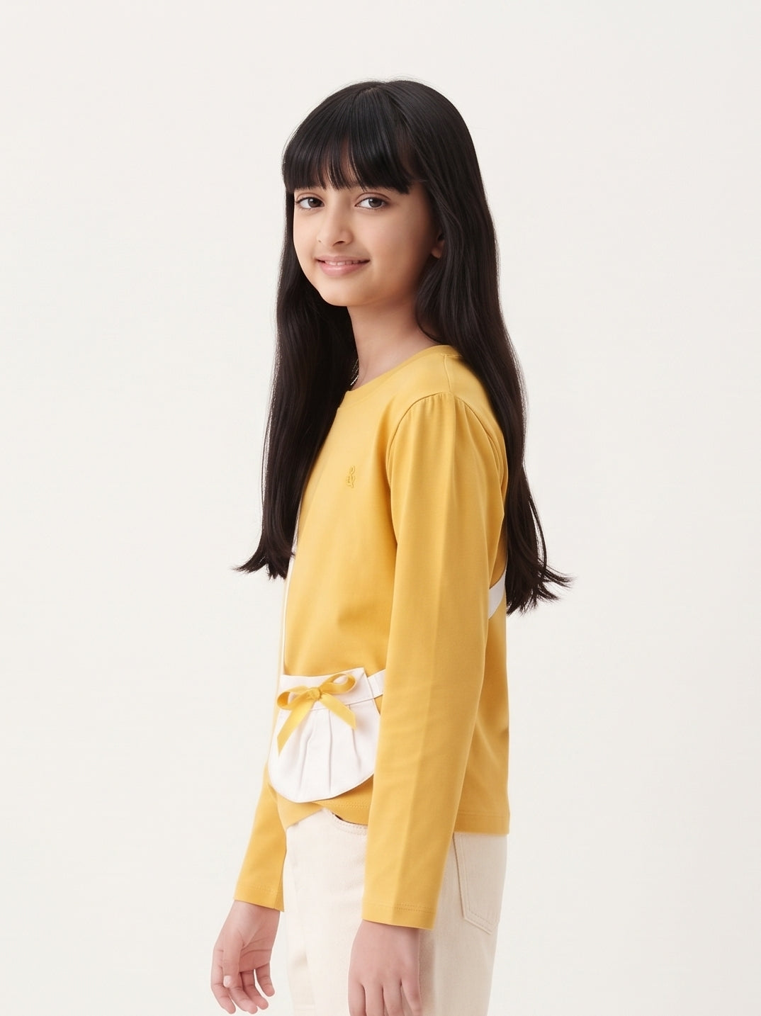 Girls Yellow Solid Cotton Full Sleeve T-Shirt