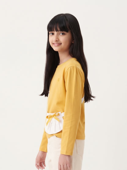 Girls Yellow Solid Cotton Full Sleeve T-Shirt