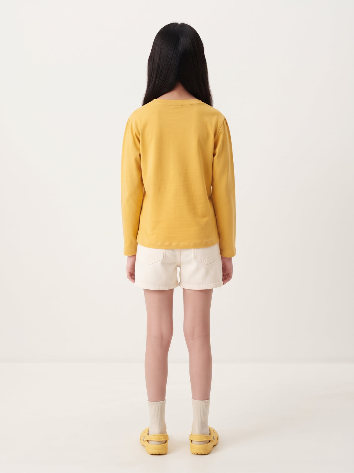 Girls Yellow Solid Cotton Full Sleeve T-Shirt