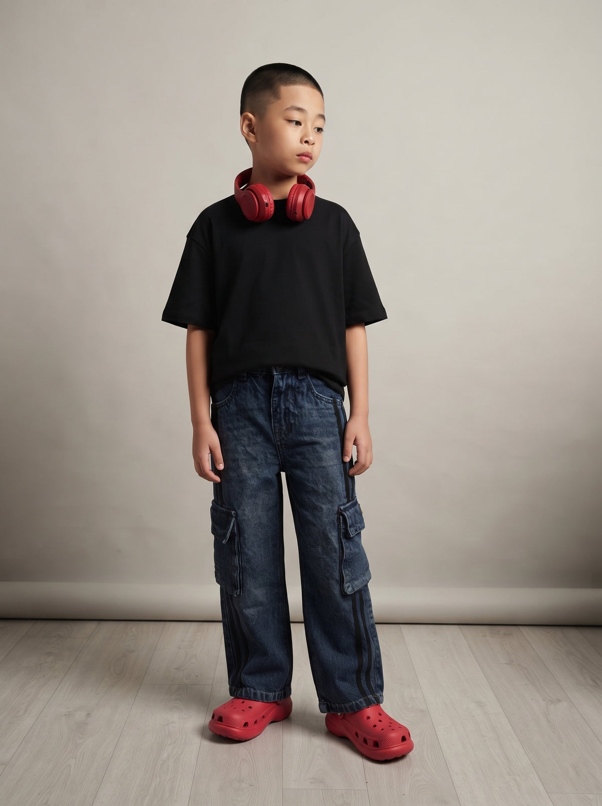 Boys Dark Blue Washed Loose Fit Cargo Jeans