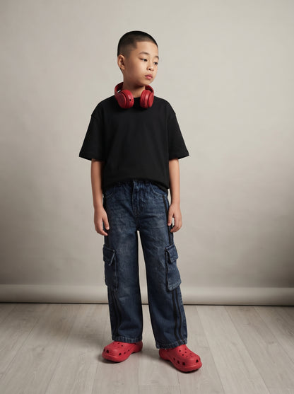 Boys Dark Blue Washed Loose Fit Cargo Jeans