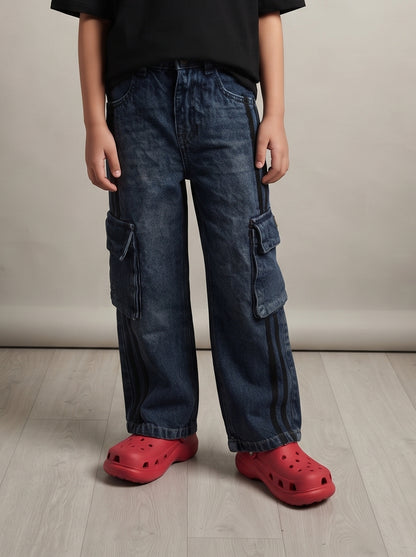 Boys Dark Blue Washed Loose Fit Cargo Jeans