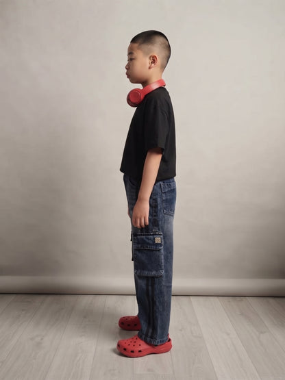 Boys Dark Blue Washed Loose Fit Cargo Jeans