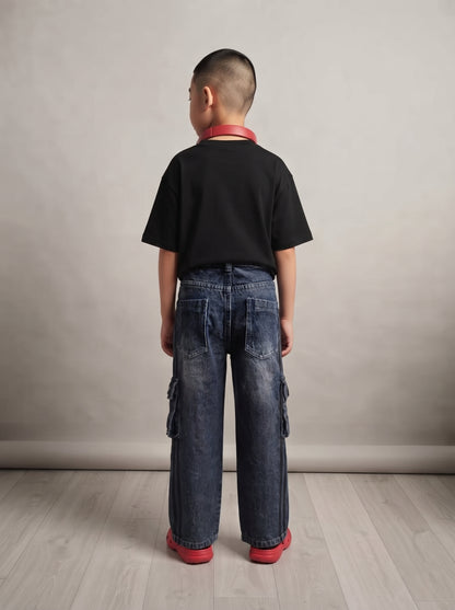 Boys Dark Blue Washed Loose Fit Cargo Jeans