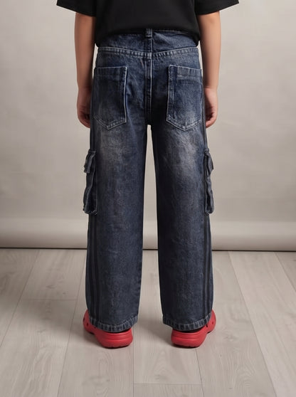 Boys Dark Blue Washed Loose Fit Cargo Jeans