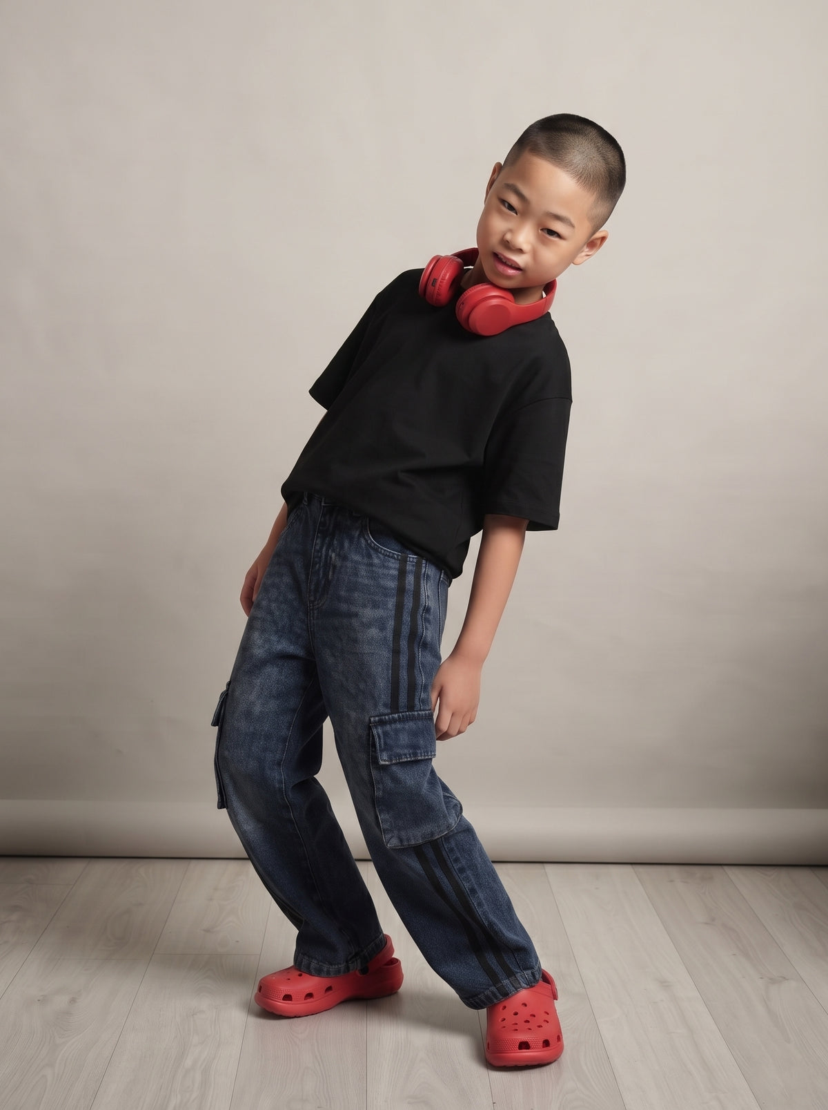 Boys Dark Blue Washed Loose Fit Cargo Jeans