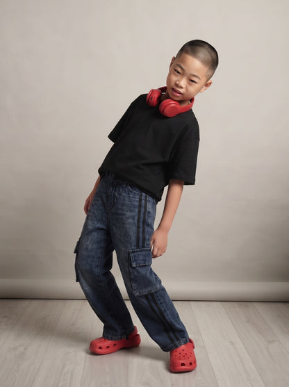 Boys Dark Blue Washed Loose Fit Cargo Jeans