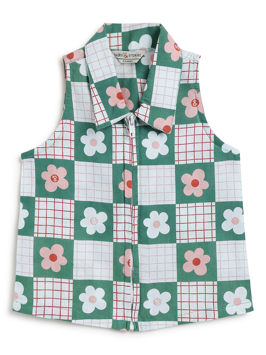 Girls Green Cotton Woven Sleeveless Printed Top