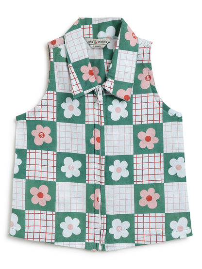 Girls Green Cotton Woven Sleeveless Printed Top
