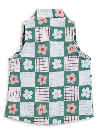 Girls Green Cotton Woven Sleeveless Printed Top