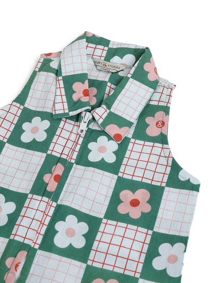 Girls Green Cotton Woven Sleeveless Printed Top
