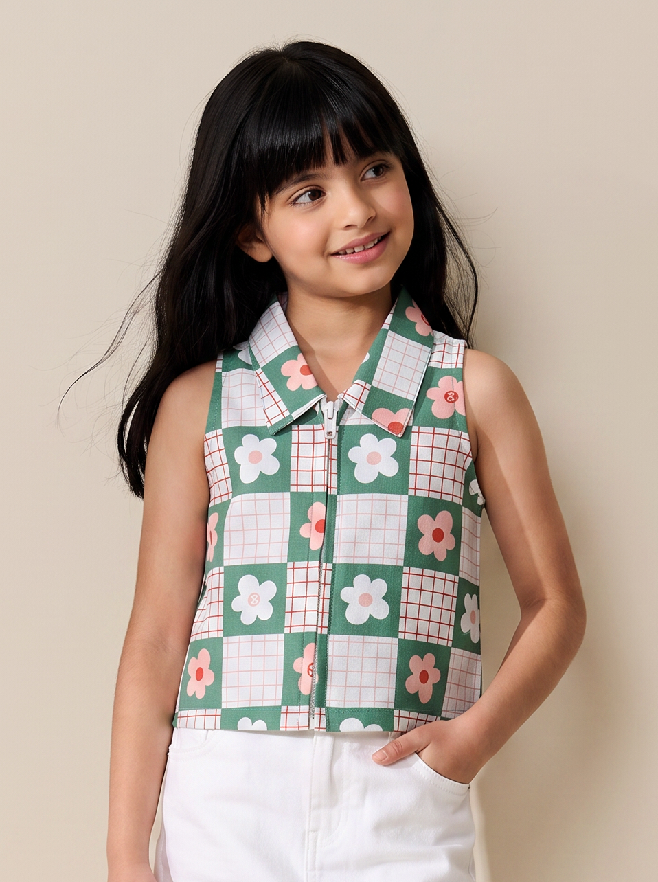 Girls Green Cotton Woven Sleeveless Printed Top