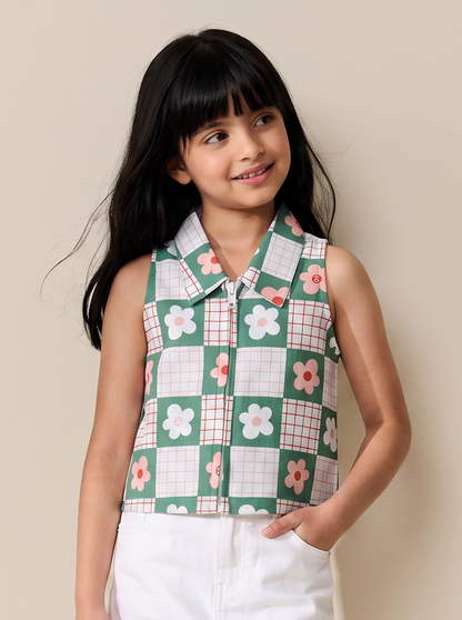 Girls Green Cotton Woven Sleeveless Printed Top
